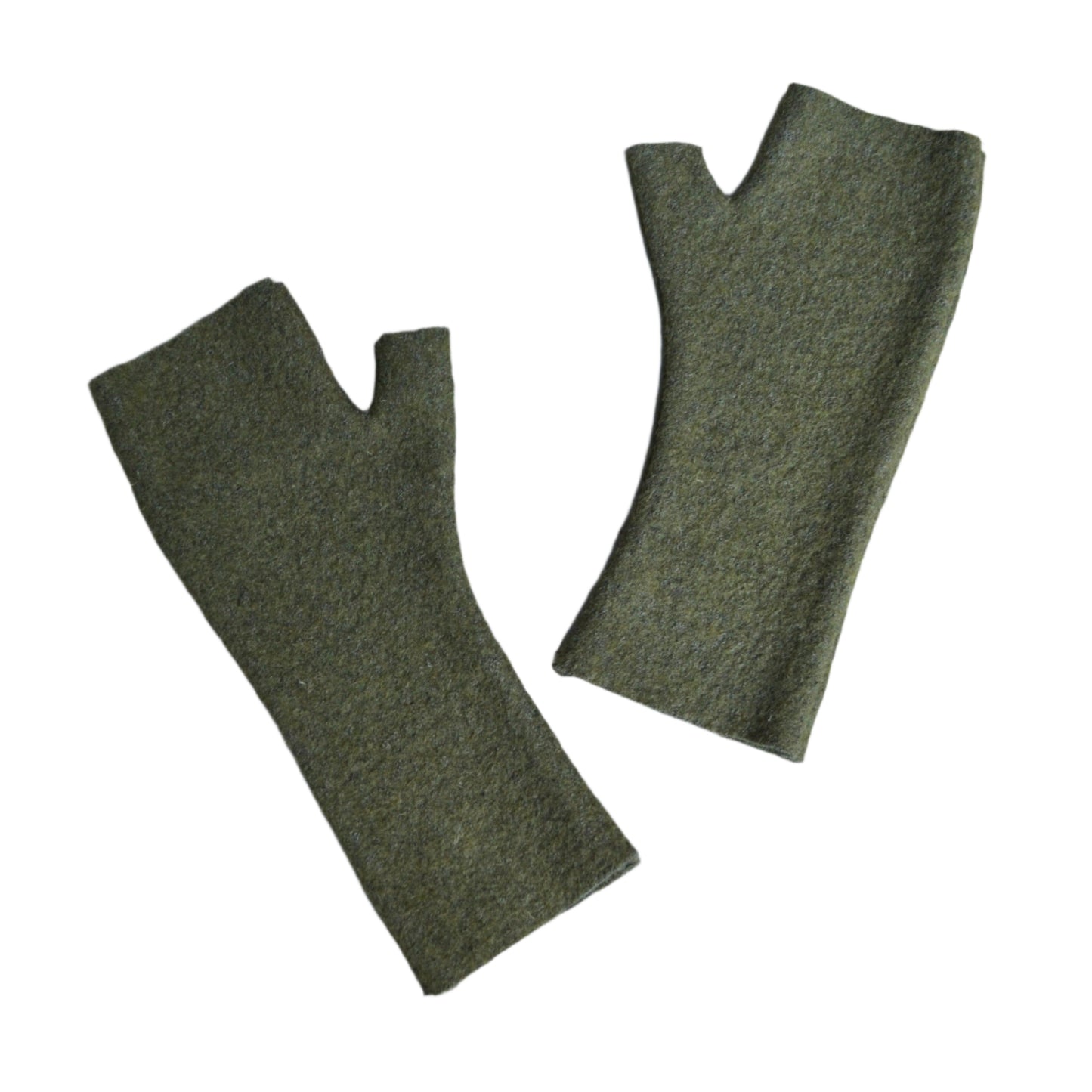 Pair of green fingerless gloves on a textured surface