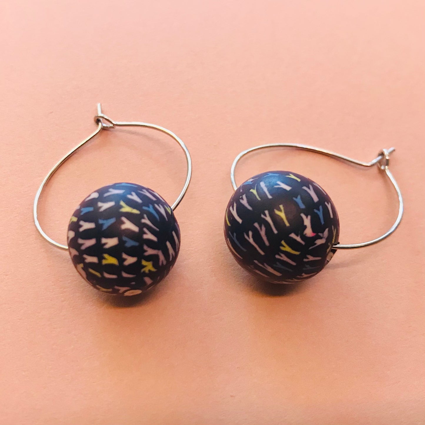 Bead Hoop Earrings - navy hatch