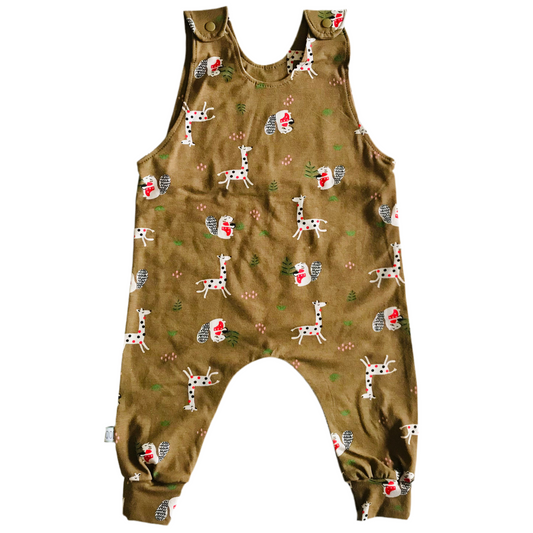 Children's brown overalls with animal pattern on a white background