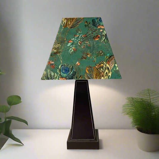 Stitched Leather Table Lamp with Squared Sage Floral Velvet Shade