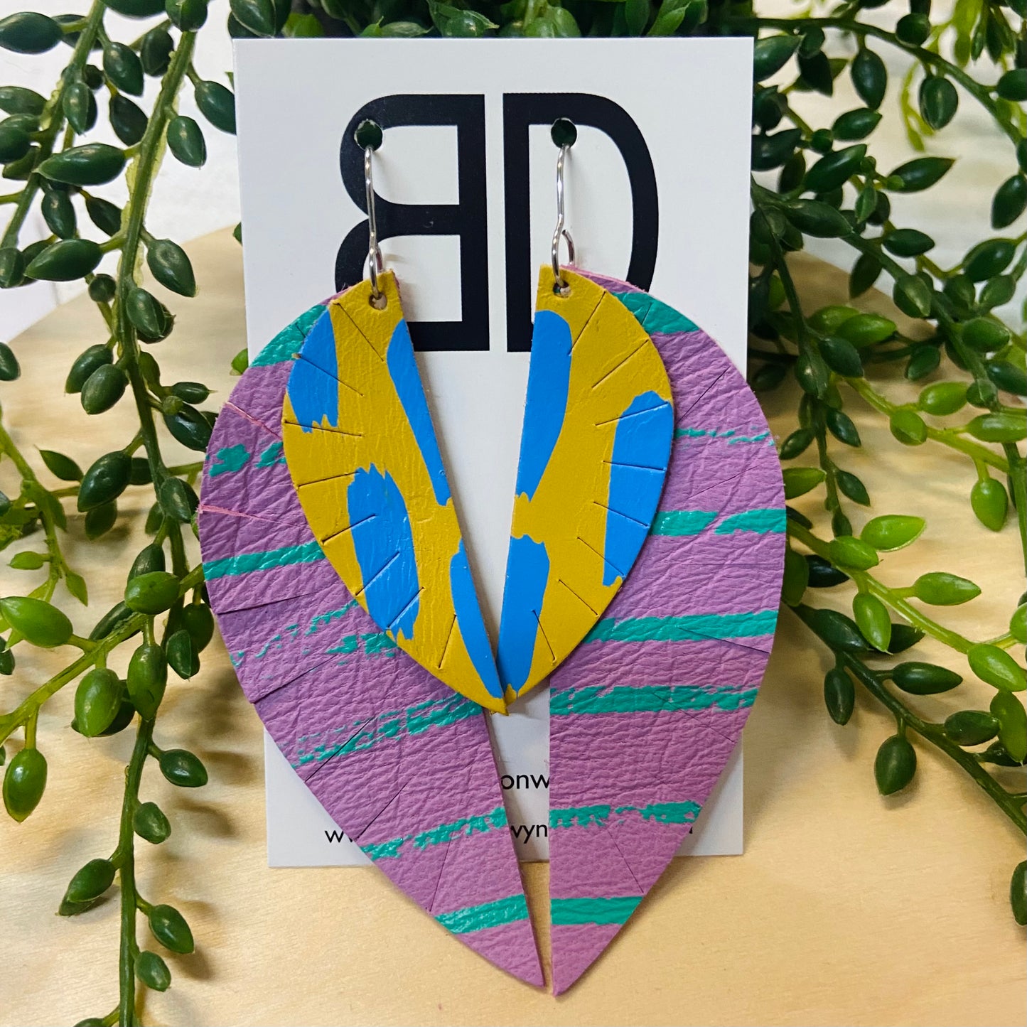 Handmade Painted Leather Earrings - The Double Feather