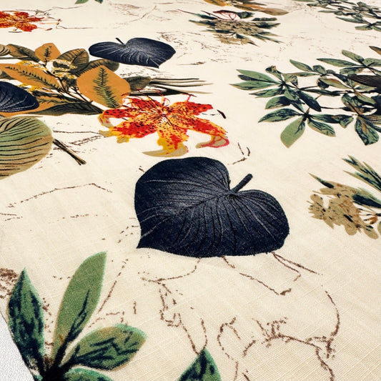 Close-up of a floral patterned fabric with leaves and flowers.