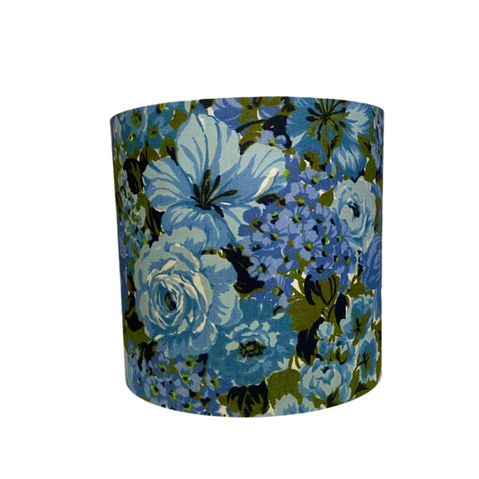 Mid Century Grey Ceramic Table Lamp with Vintage age Floral in Blue Shade