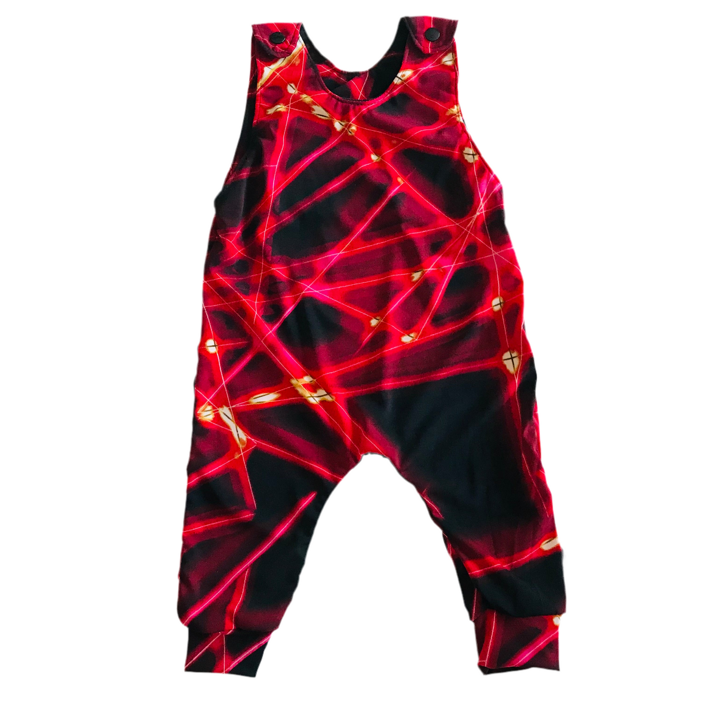 Red and black patterned jumpsuit on a white background