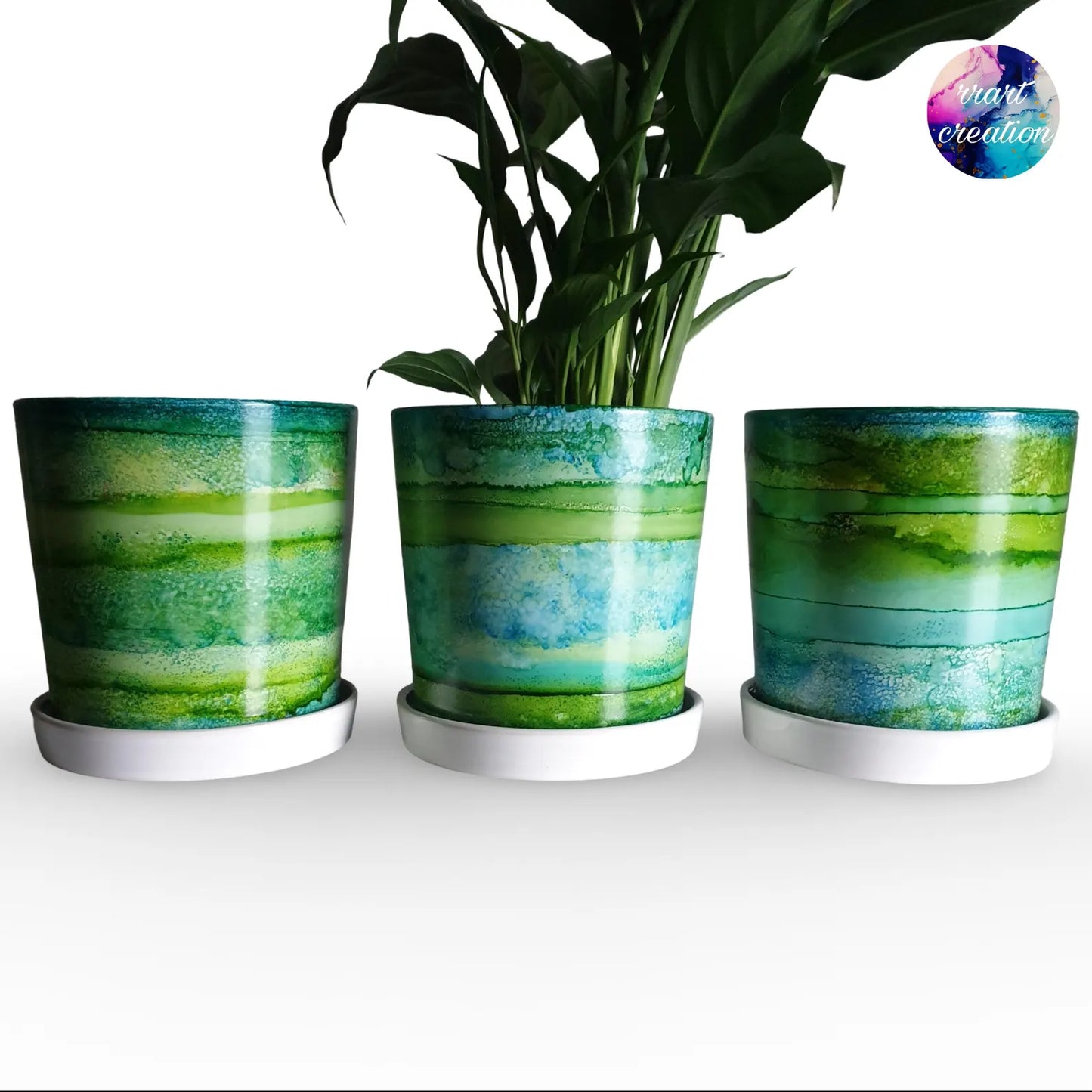 Alcohol Ink planter pot with tray - Coastal Calm