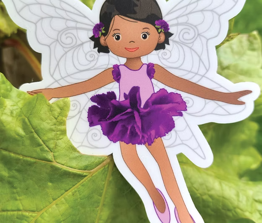 Fairy character with purple dress and white wings on a green leaf background