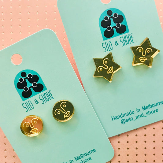 Art Deco Acrylic Stud Earrings - Mirror Faces