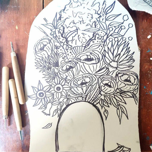 Handpainted print of an original linocut - FLORAL ARRANGEMENT #2 (unframed)