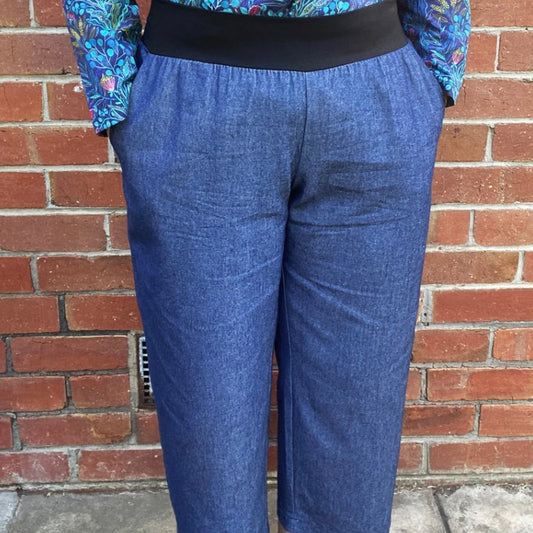 Women's Handmade Band Pants - Blue Denim