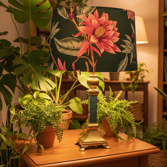 Table lamp with floral patterned shade on a white surface