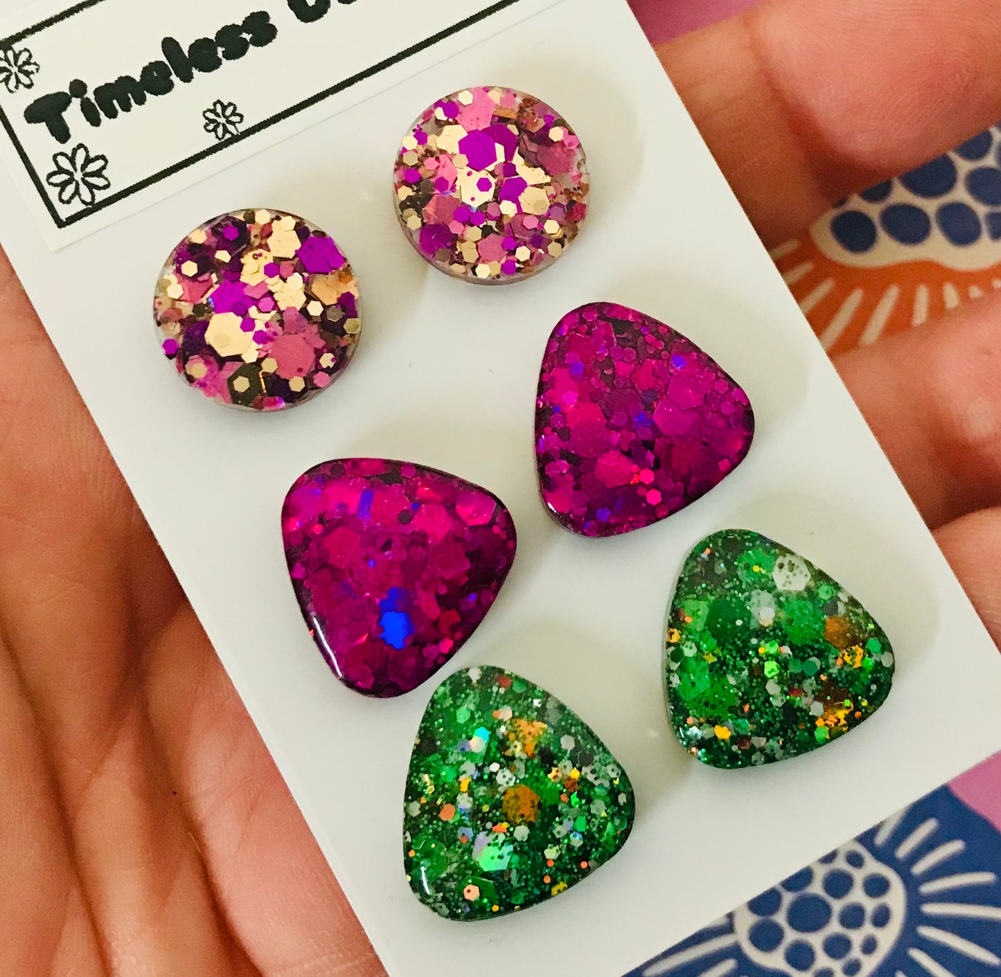 Novelty Resin Sparkle Stud Earrings - triple pack