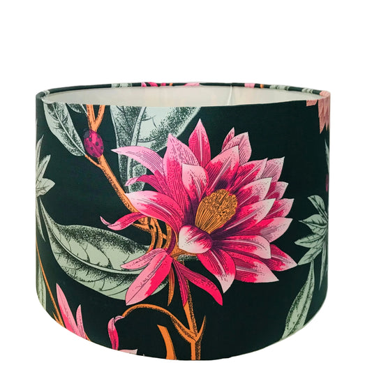 Floral lampshade with pink flowers on a dark green background