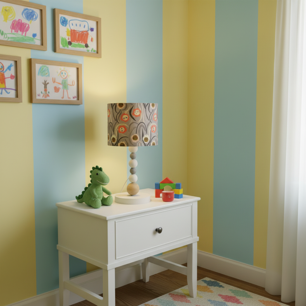 Children's room with a white nightstand, green dinosaur toy, and colorful lamp against a striped wall.