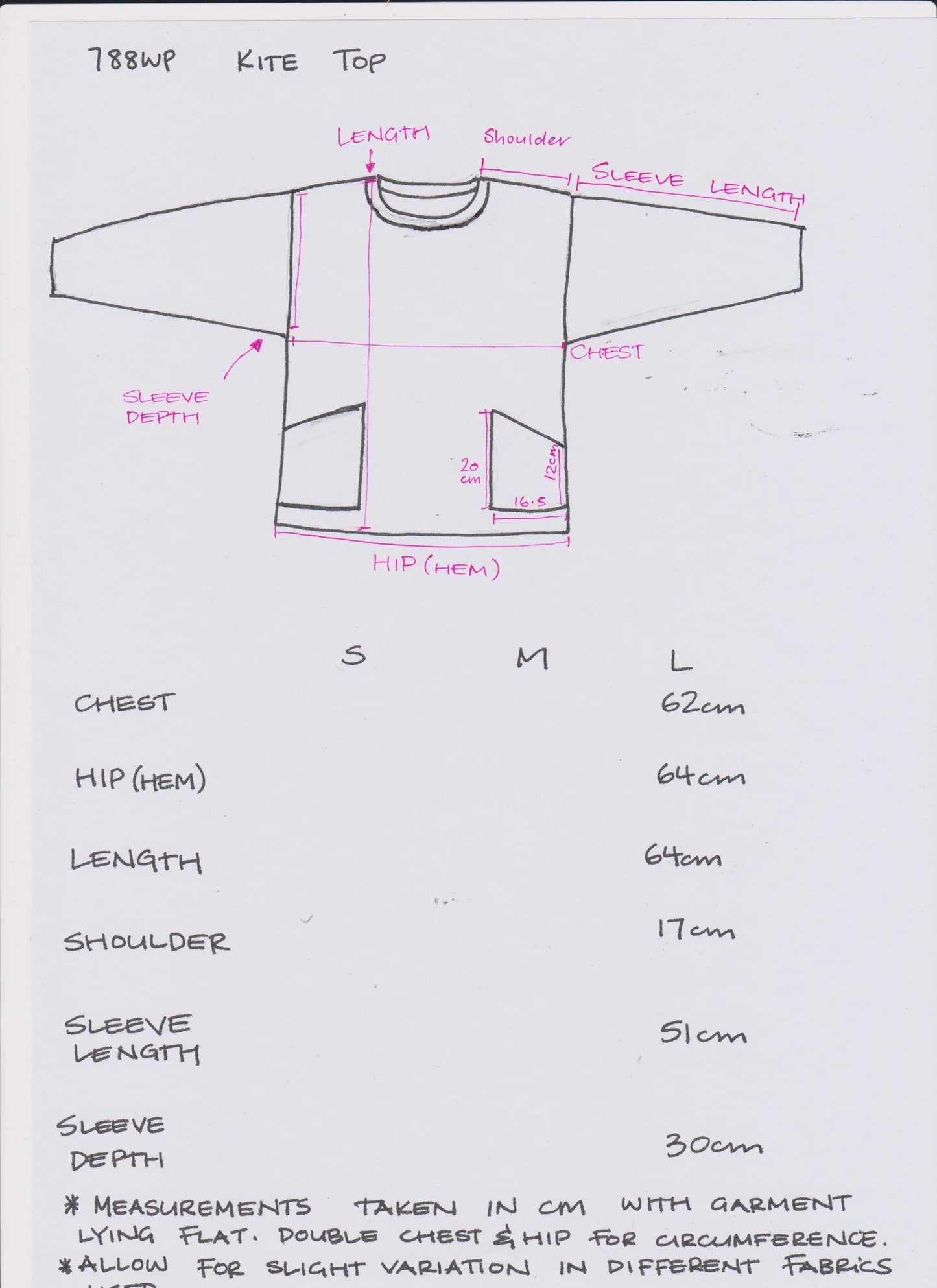 Measurement chart for a kite top with dimensions labeled