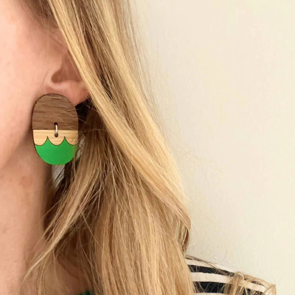 Painted Geometric Wood Statement Stud Earrings