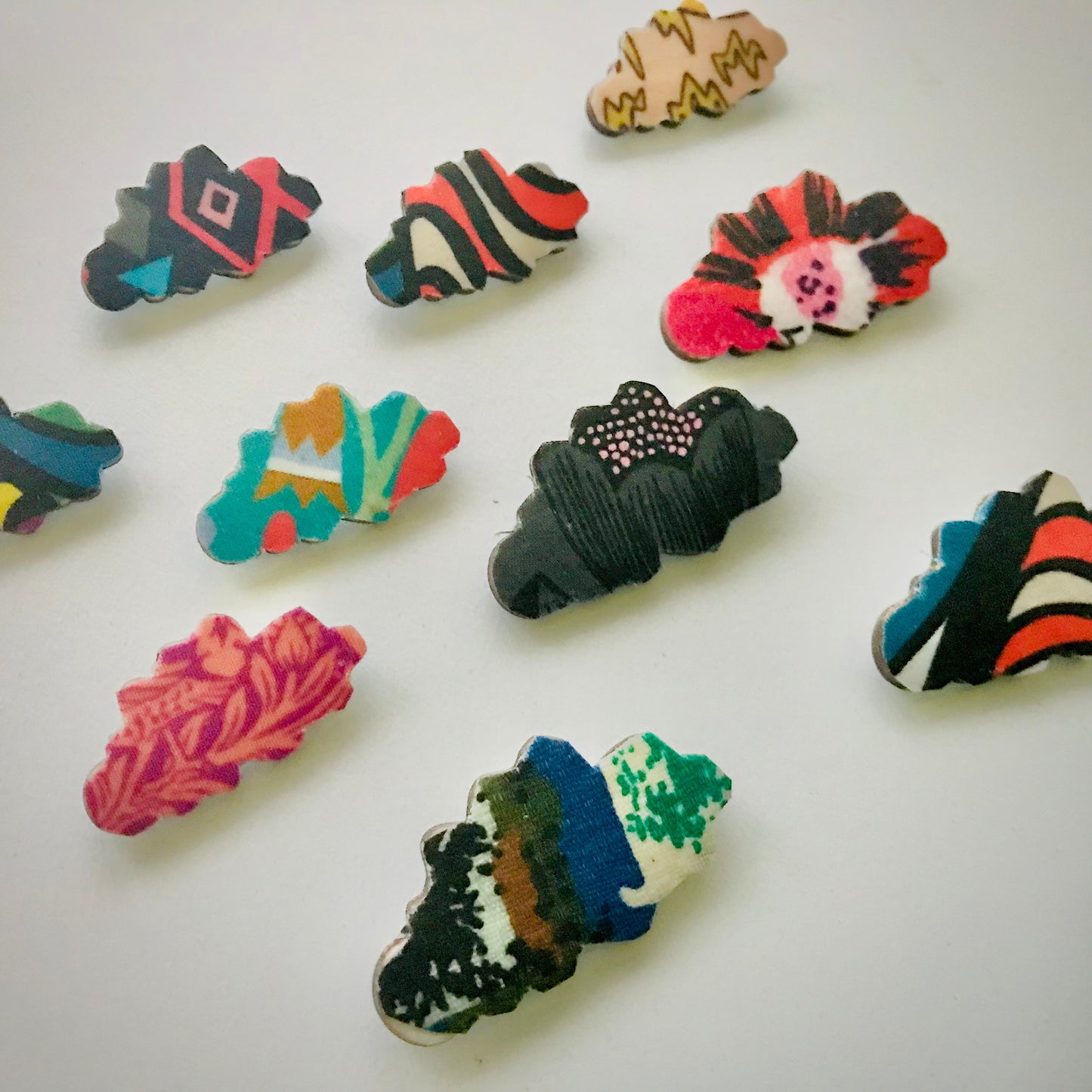 Cloud Fabric Layered Wood Brooches