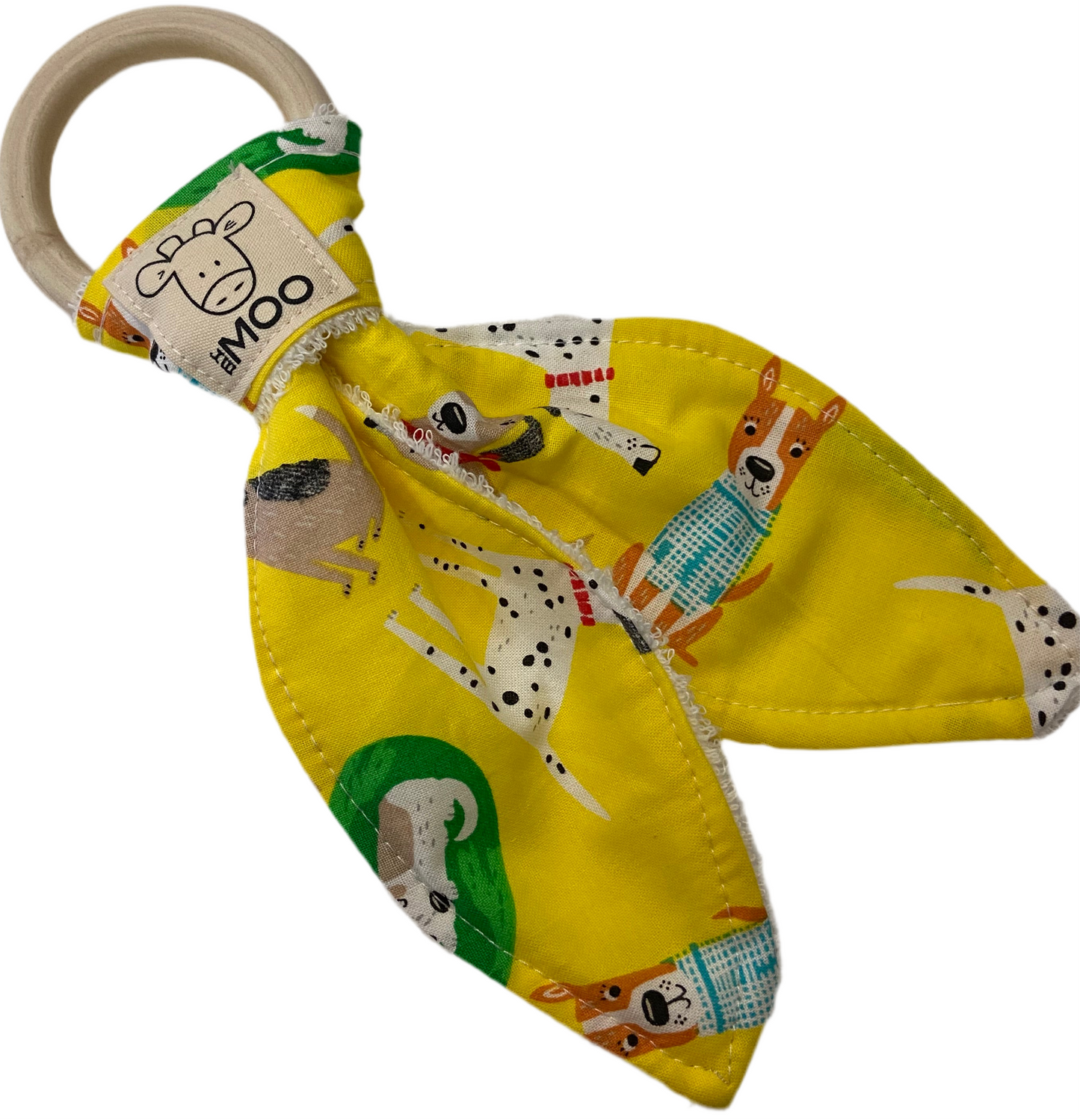 a colourful yellow organic bamboo teethers with cartoon dogs