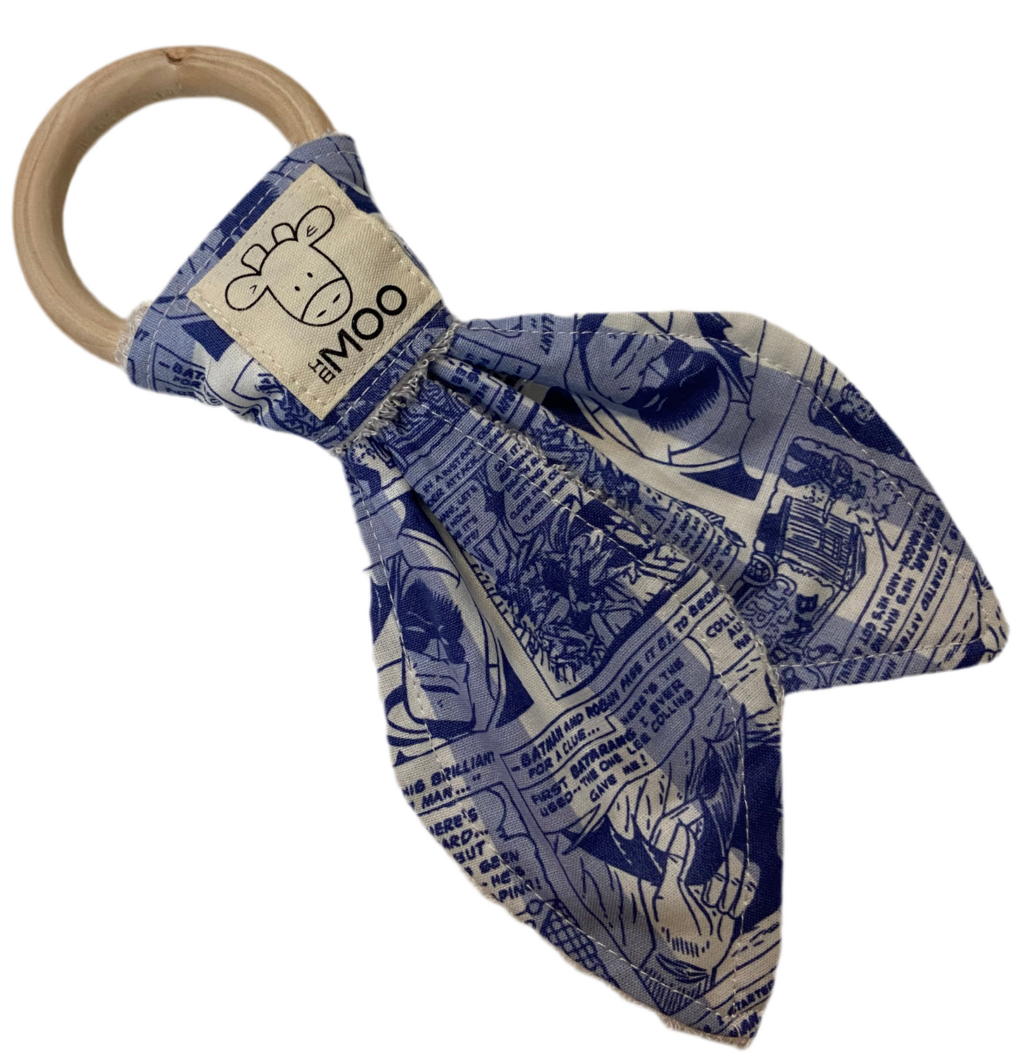 a colourful blue organic bamboo teethers with superhero comics