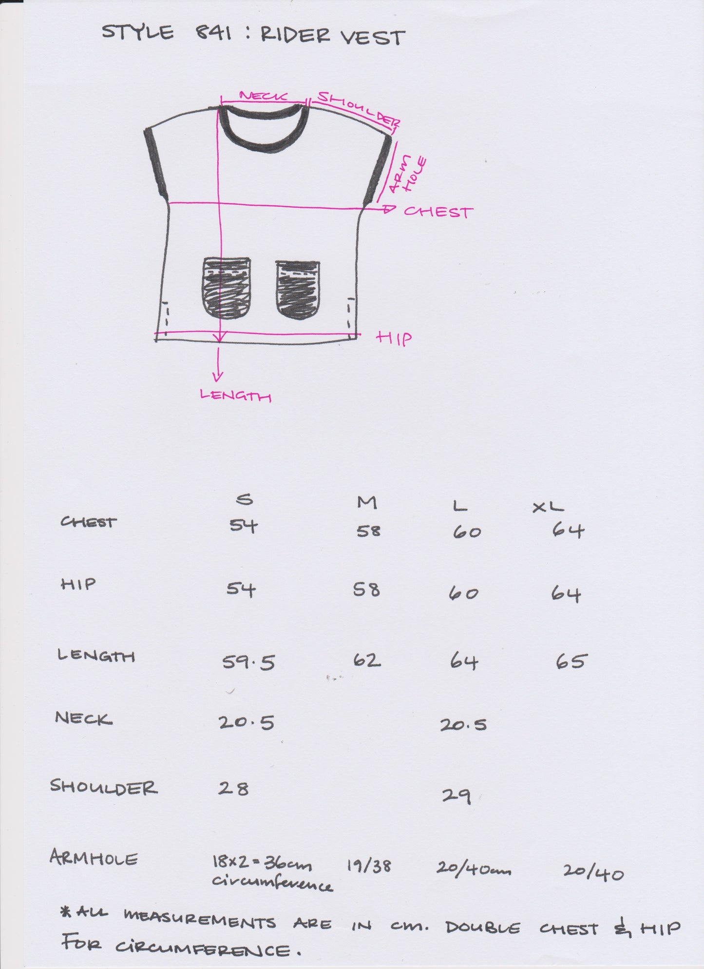 Measurement chart for a rider vest with dimensions and size guide.