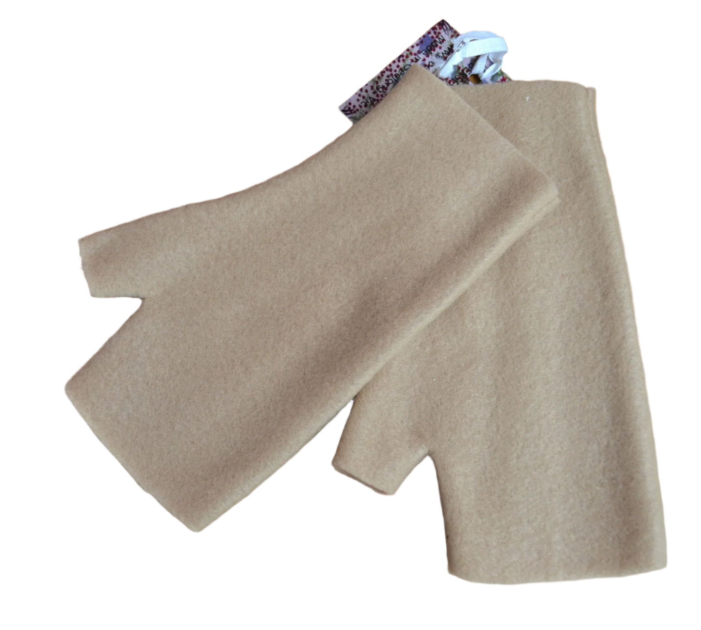 a pair of Tan Fleece fingerless gloves