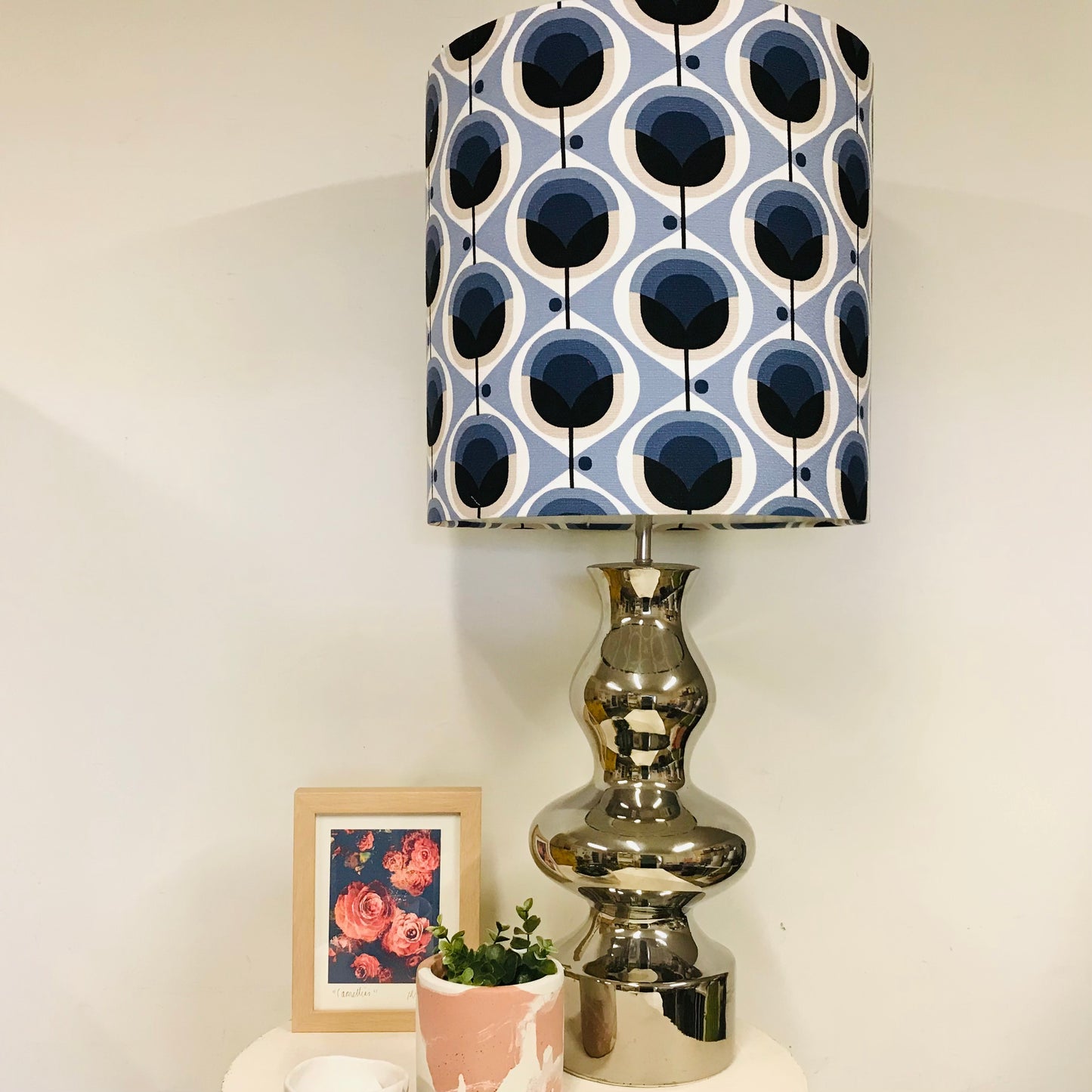 Custom Lamp Shade only - Barkcloth Geo Flower in Blue