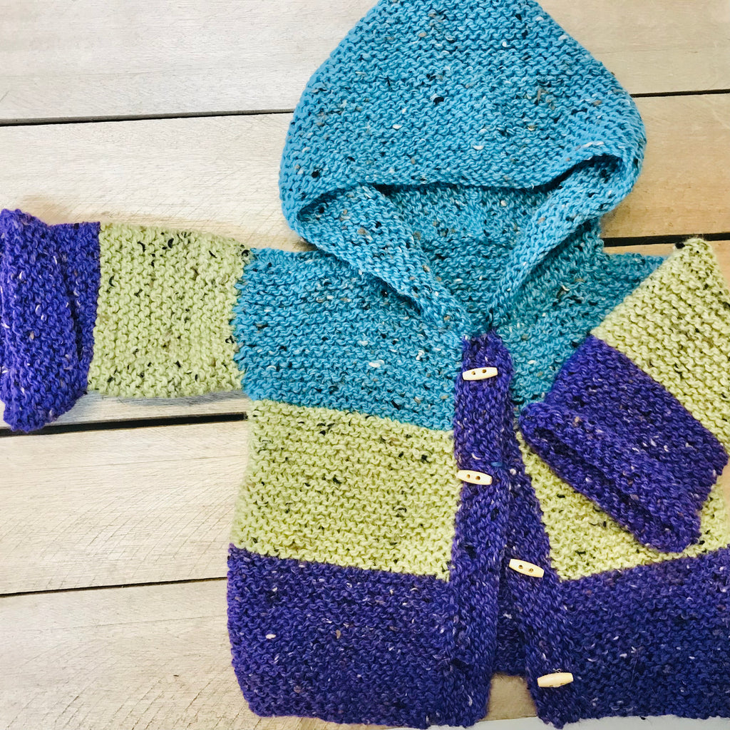 hand-knitted locally - Toddler Hooded Toggle Buttoned Cardigan (teal green purple)