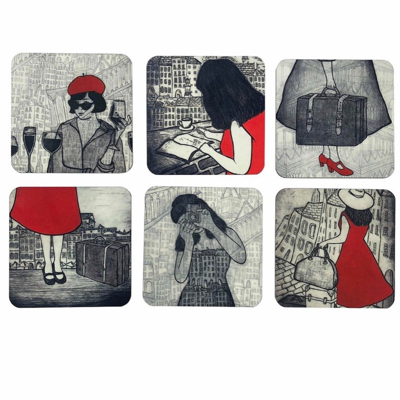 Original Art Print Coaster Set of 6 - Travel Series