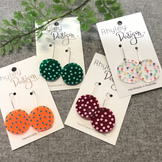 Laser Cut Drop Spotty Disc Perspex Earrings