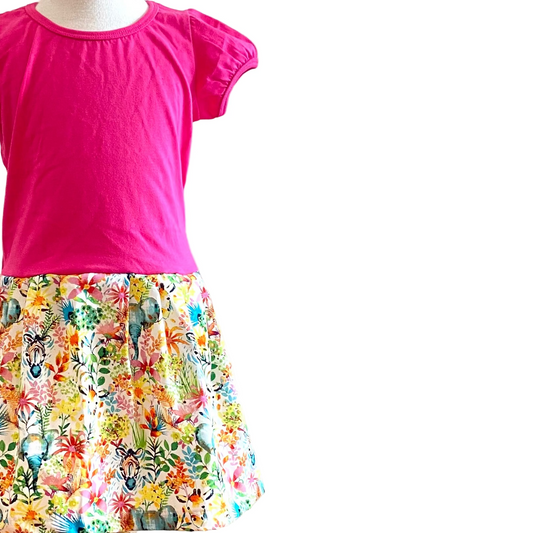 Short Sleeve Winnie Dress - HOT PINK WITH SAFARI