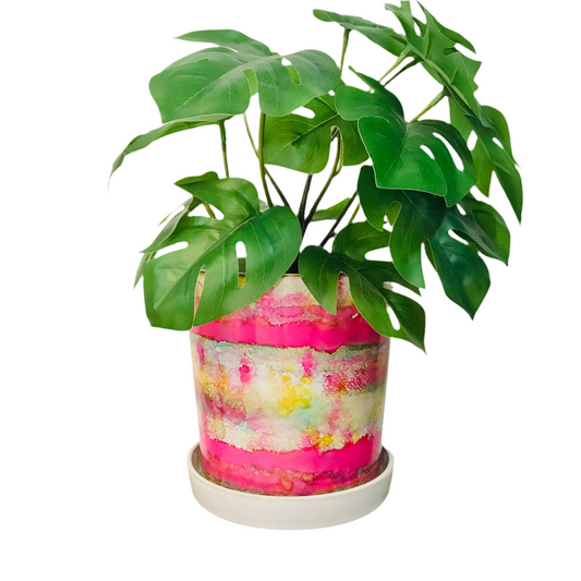 Alcohol Ink planter pot with tray - Sweet Pink