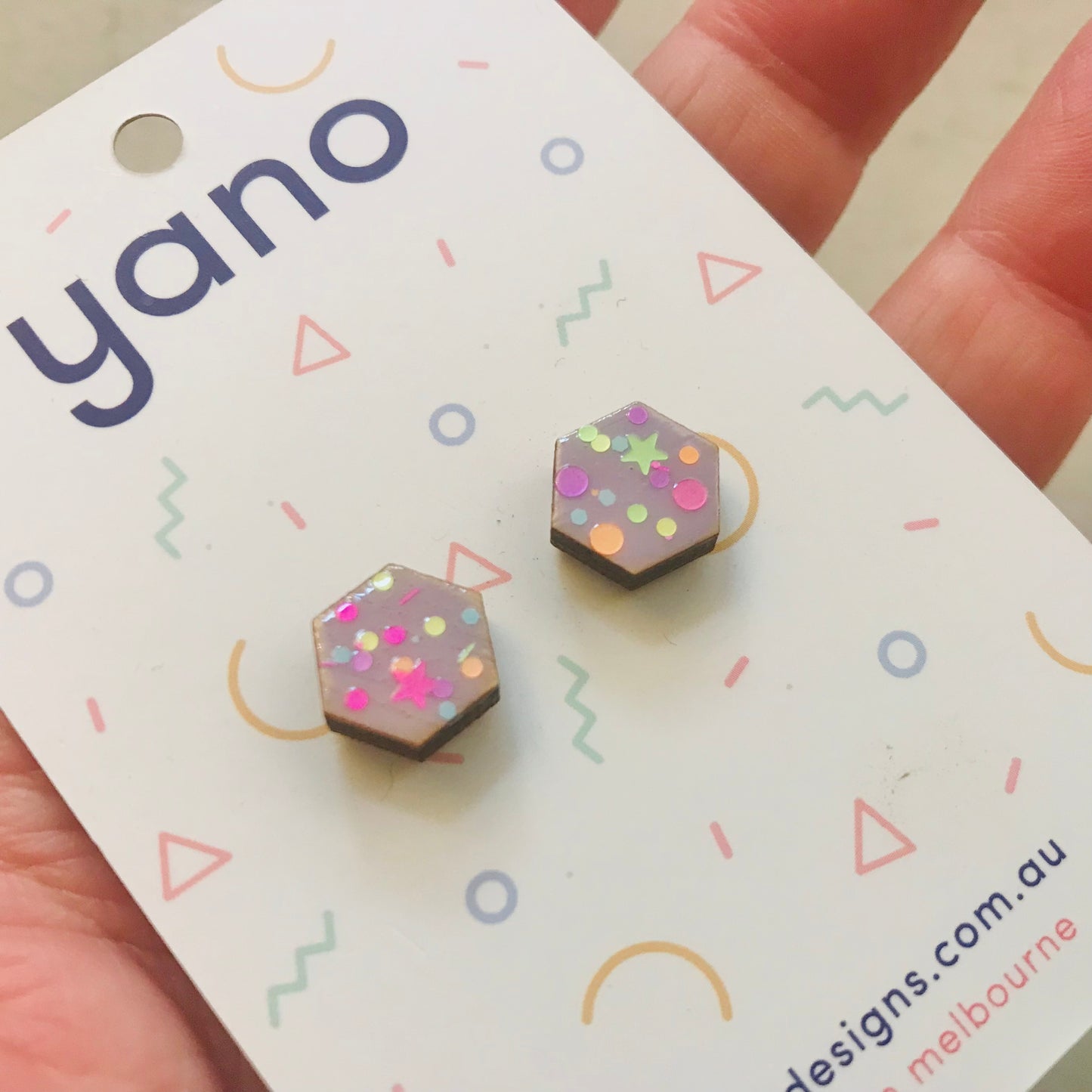 Hexagon Laser Cut Timber Stud Earrings