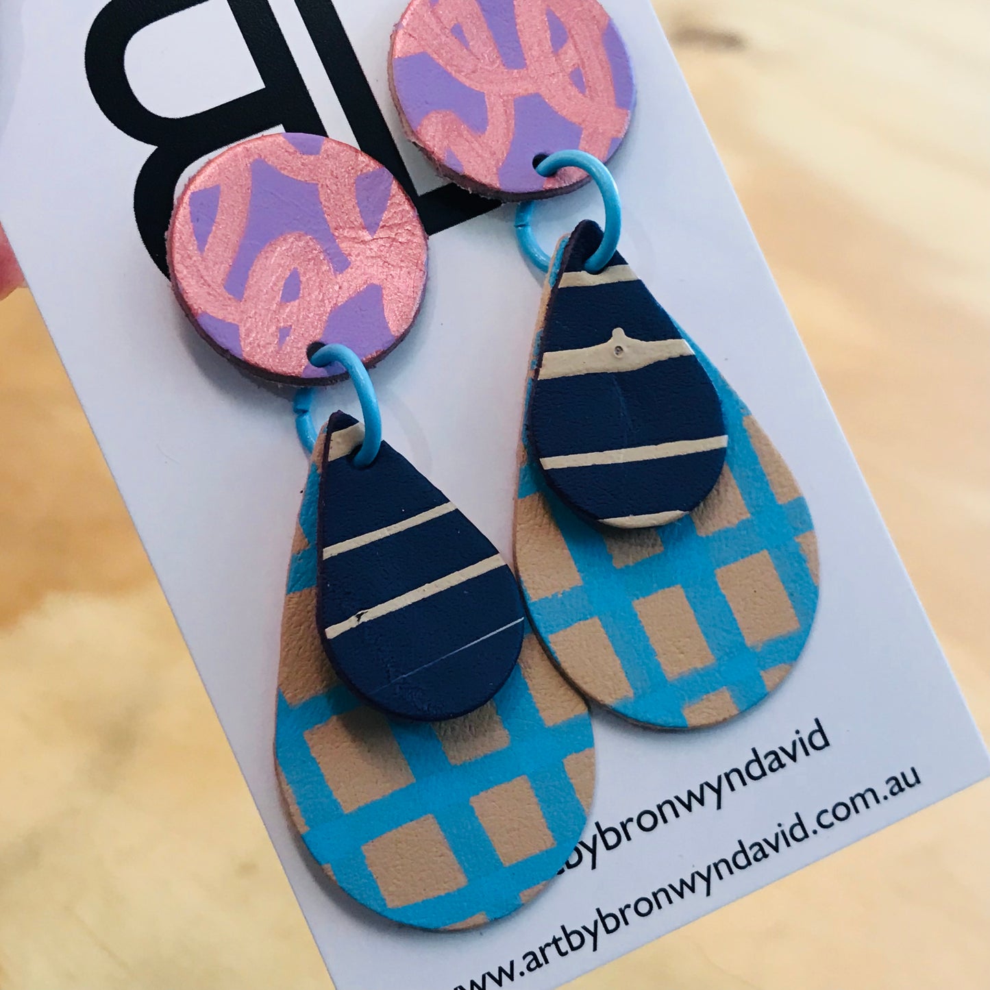 Hand painted leather bold statement earrings - The Saturn