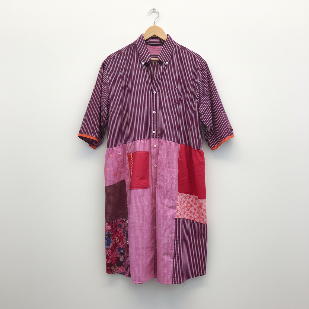 A short-sleeve button-front shirt dress with a purple and pink striped upper body and patchwork lower panels in pink, red, and striped fabric, hanging against a white brick wall.