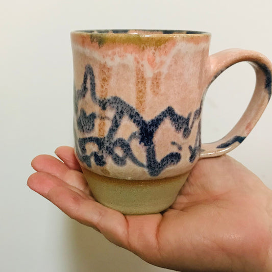 Handcrafted Pottery Mug - Tall Pink/Peach & Blue with Peachy Green Interior (260mls)