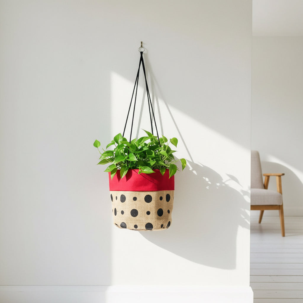 Hanging plant in a red pot with black polka dots against a white wall.