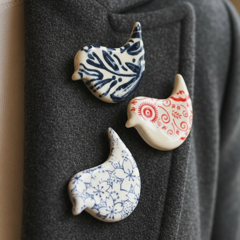 Handcrafted Pottery Birdy Brooches