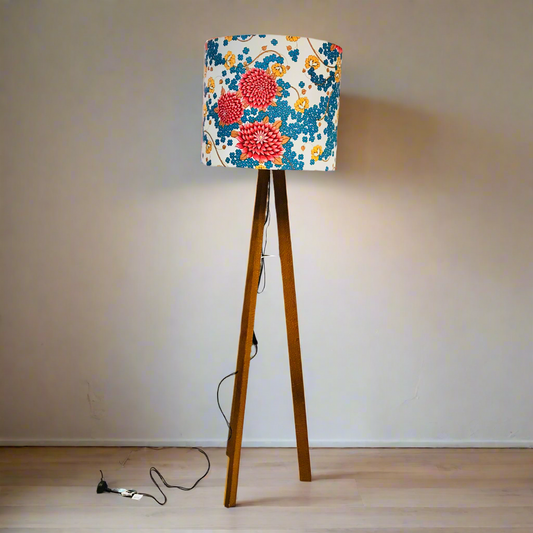 Blue and Orange Floral Tripod Timber Floor Lamp