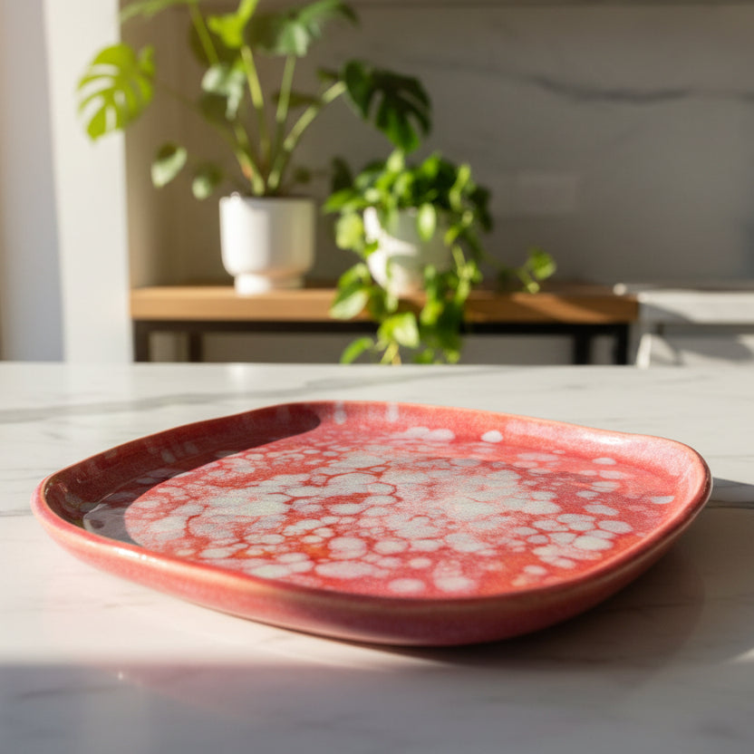 Red ceramic tray with white patterns on a marble surface, with plants in the background.