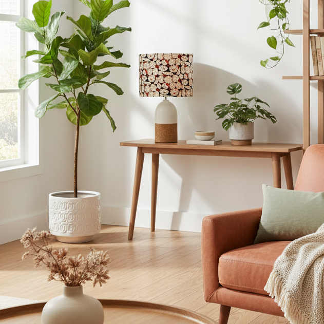 White Ceramic & Cork Bullet Table Lamp with Prickly Pear on Navy Shade (pair available)