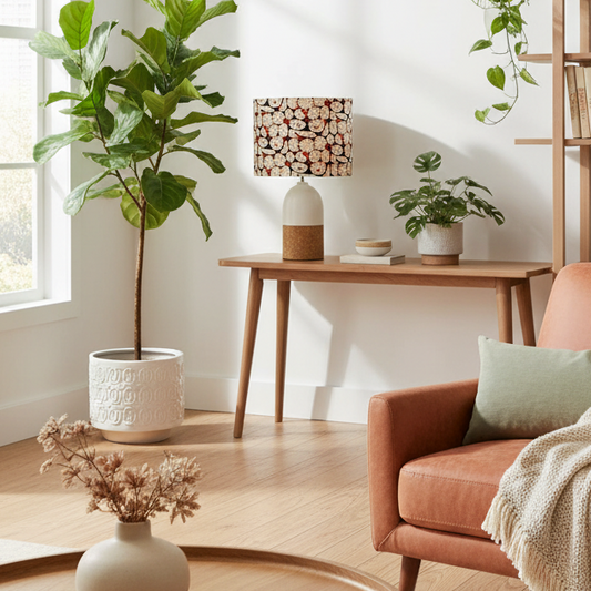 White Ceramic & Cork Bullet Table Lamp with Prickly Pear on Navy Shade (pair available)