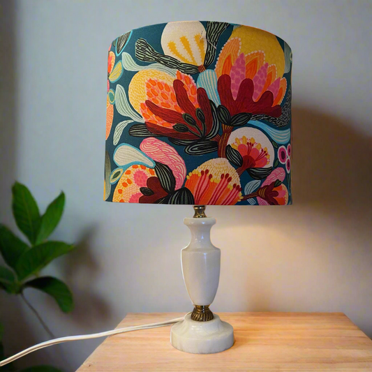 Ornate Marble Table Lamp with Bright Floral Shade