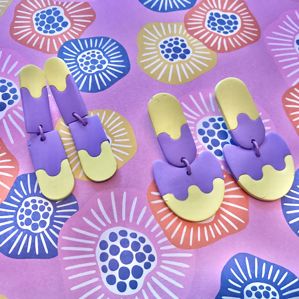 Polymer Clay Handmade Earrings - Yellow & Violet Elongated