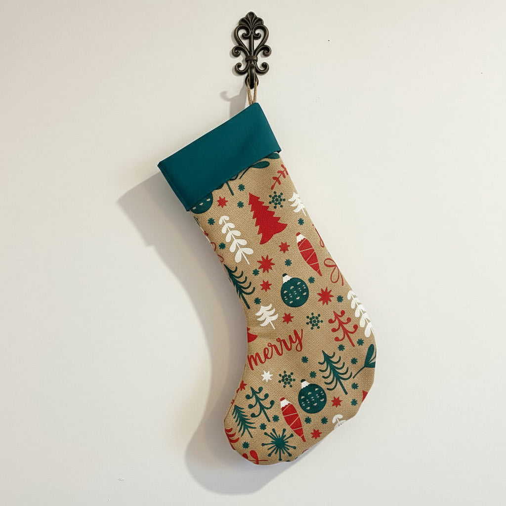 Christmas stocking with festive pattern on a white background