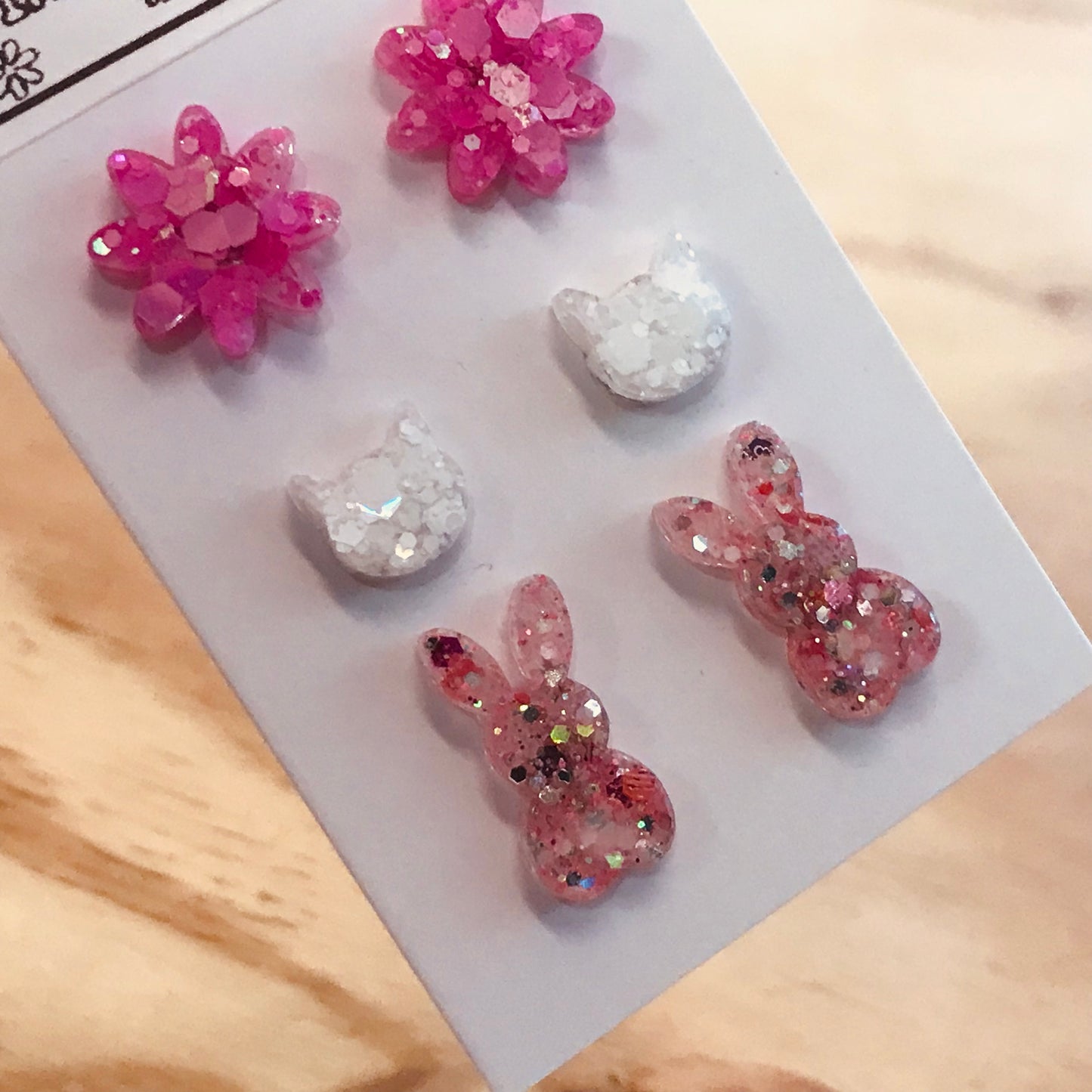 Novelty Resin Sparkle Stud Earrings - triple pack