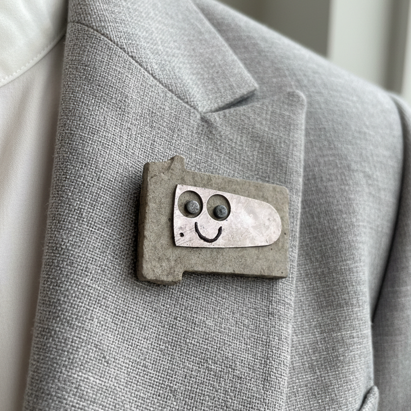 Gray blazer with a unique brooch featuring a smiley face design.