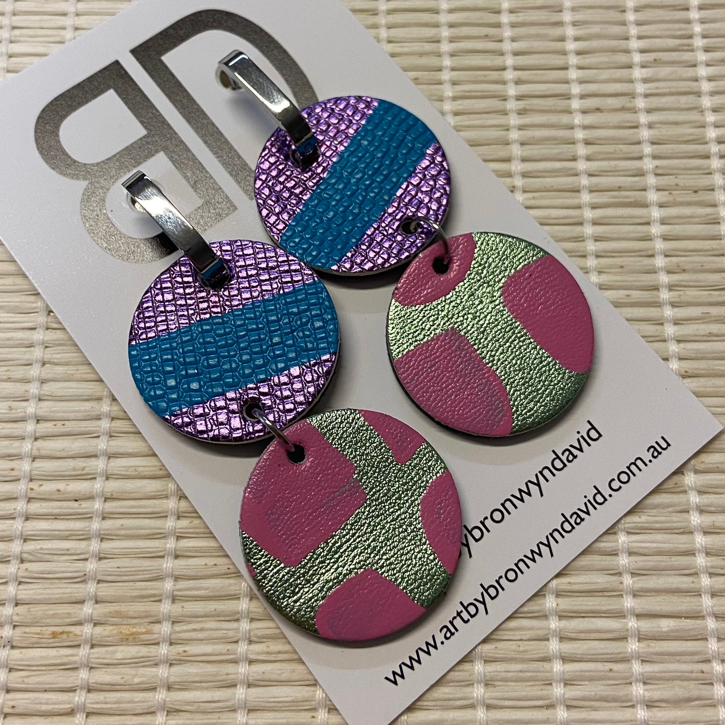 Hand painted leather bold statement earrings - Reversible Double Huggies (large)