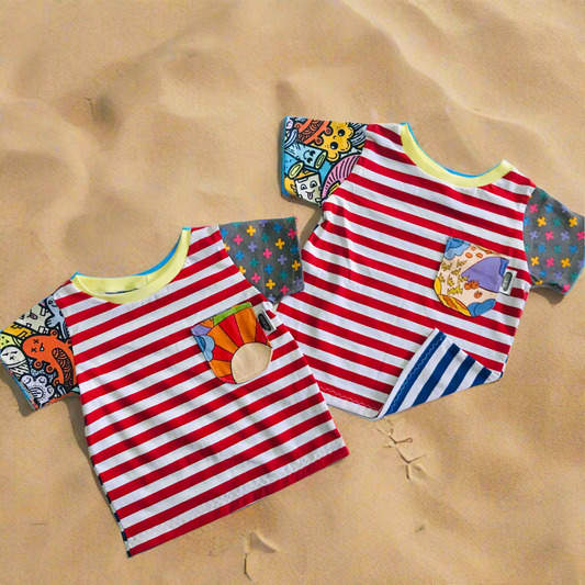 Kids Multi Print Handmade T-Shirt - Red Stripe Front