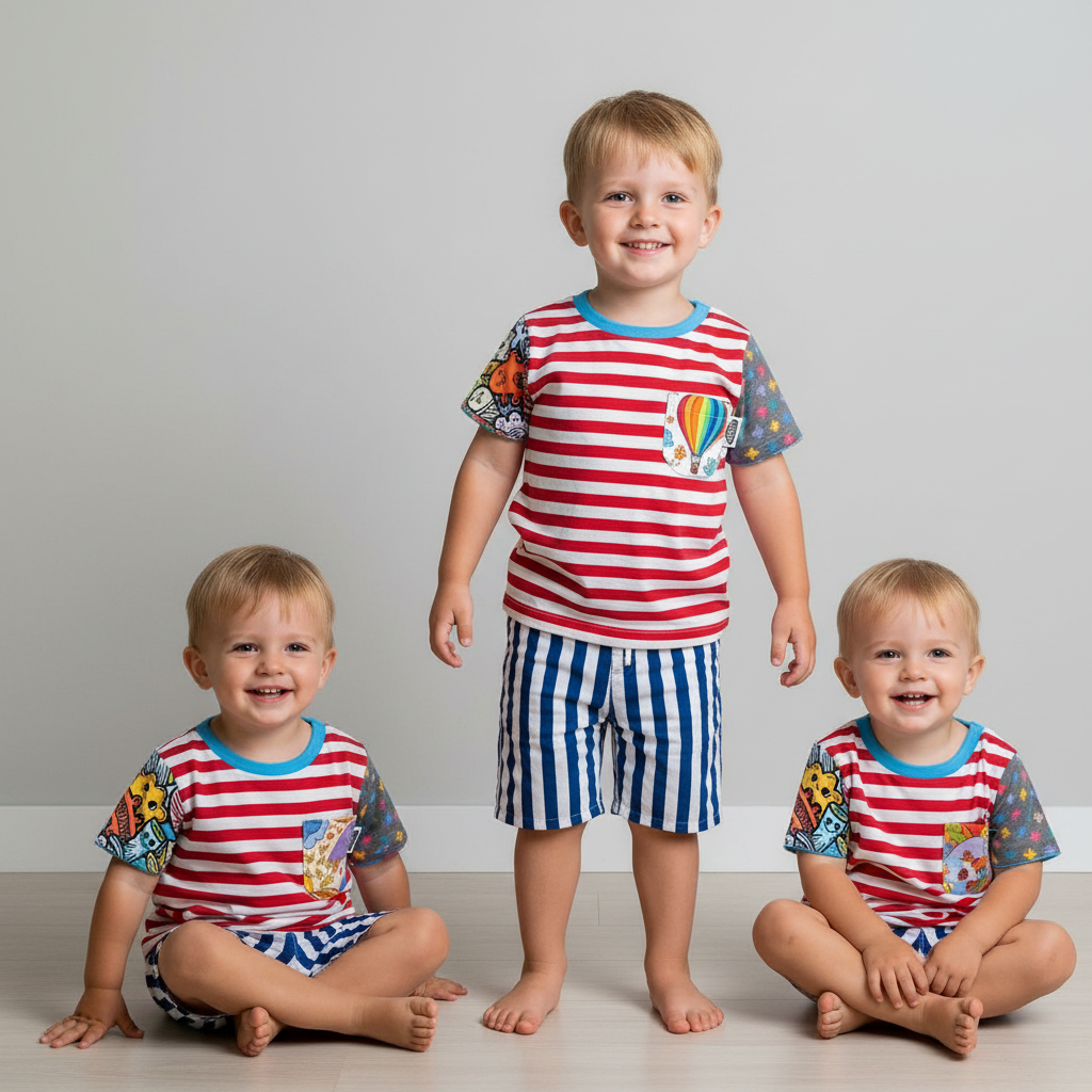 Kids Multi Print Handmade T-Shirt - Red Stripe Front