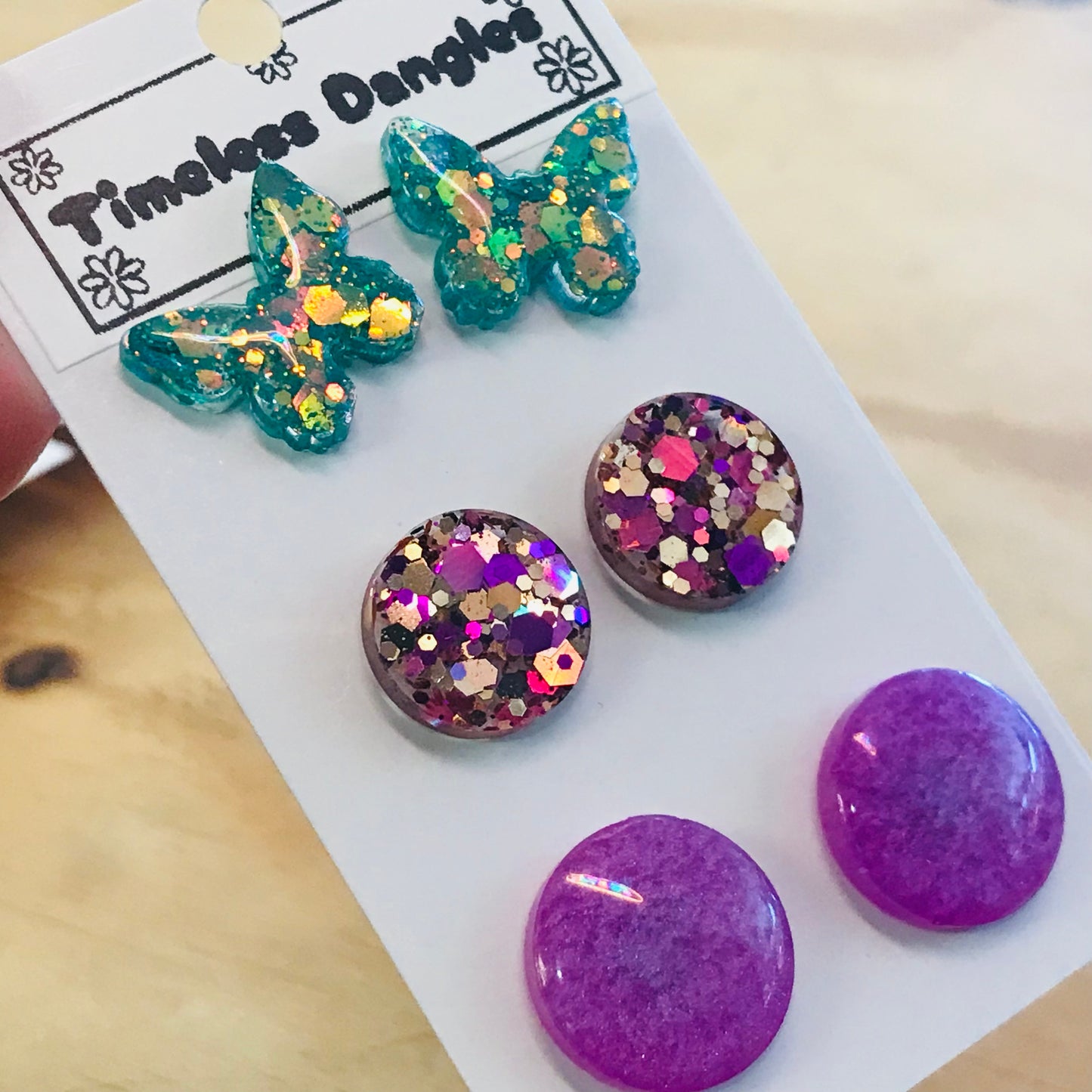 Novelty Resin Sparkle Stud Earrings - triple pack