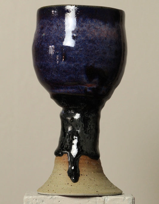 Handcrafted Pottery Wine Goblet - Deep Blue Black Base (280mls)